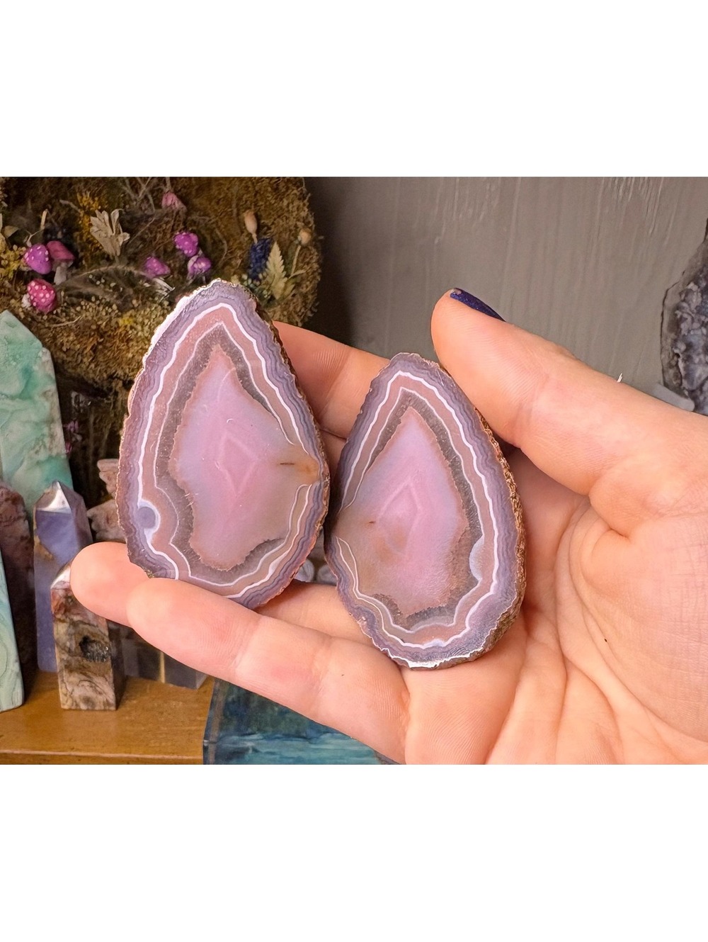 Zhanguo Agate Geode Pair | Soft Pink & Lavender Banded Chalcedony | China
